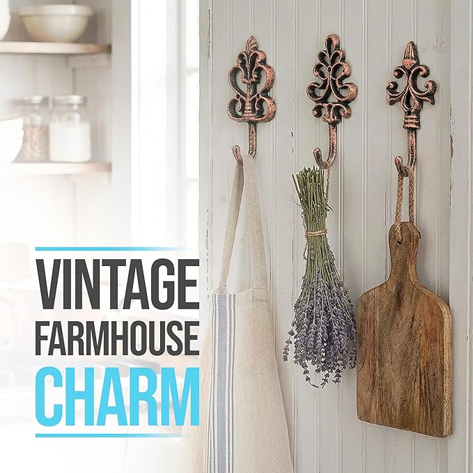 Comfify Shabby Chic Decorative Wall Hooks - Set of 3 - Cast Iron French Country Wall Decor - Farmhouse Hangers for Coats, Purses and More - Copper with Black