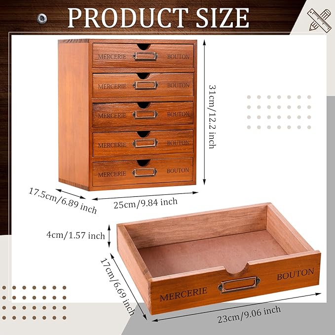 Wesiti 5 Drawer Vintage Wooden Desk Organizer, Apothecary Cabinet Storage Drawers, Rustic Shelf Drawer, Home Office Organizers and Accessories, Embroidery Floss, Craft, Art, Jewelry Storage, Stackable