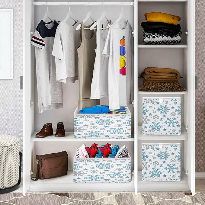 Bolaz Sliver Blue Snowflakes Closet Organizers Storage Cubes Christmas Storage Bins Shelf Baskets Containers for Home Room Office,Square