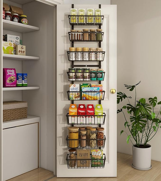 12 Inch Wide Narrow Over The Door Pantry Organizer, Pantry Organization and Storage, Black 8-Tier Metal Hanging Deep Basket Wall Spice Rack Seasoning Shelves, Home & Kitchen Essentials