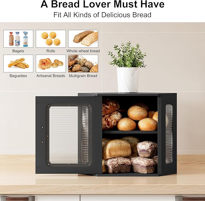 TQVAI Bread Box for Kitchen Countertop Large Corner Bread Loaf Storage Container Double Layer Wooden Bread Boxes Bin Farmhouse Pantry Shelf with Acrylic Window, Black