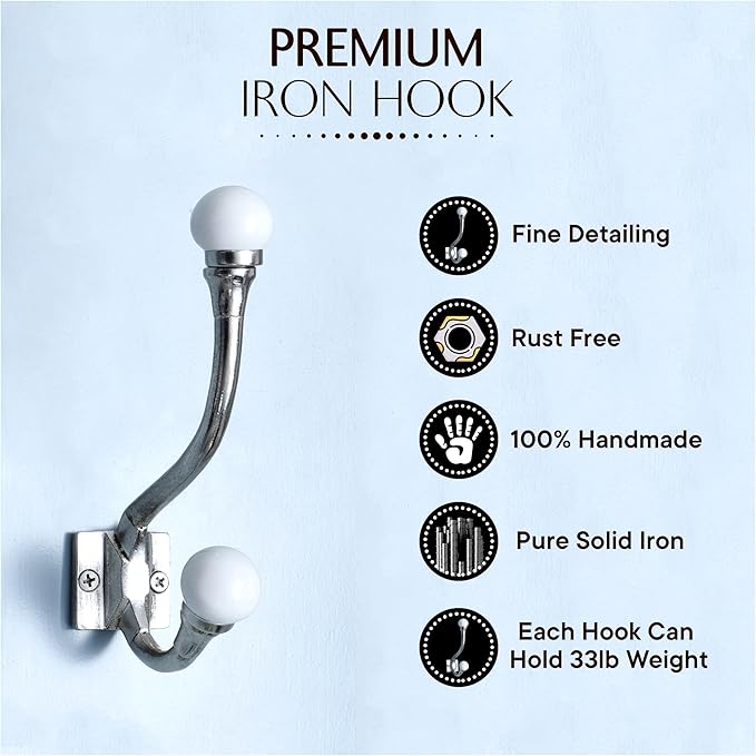 Indian Shelf 6 Pieces Exclusive Ceramic Heavy Duty Decorative Double Wall Hooks for Hanging Coats, Jackets, Leash, Hat, Towel, Backpack, Purse, Handbag for Entryway Décors :White