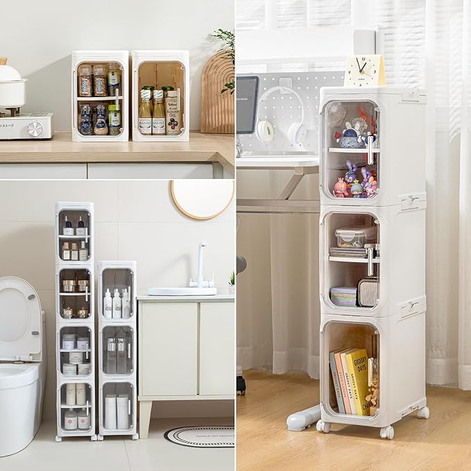Narrow Bathroom Storage Cabinet with Wheels,3 -Tier Plastic Slim Organizer with Adjustable Shelves for Small Spaces,Bathroom, Kitchen, Milky White