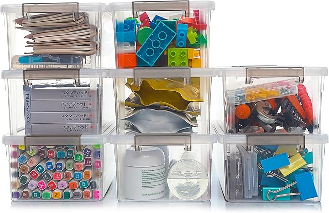 Small Storage Bins with Lids 3.2 QT- 8 Packs Plastic Storage Containers for Organizing Stackable Clear Storage Boxes,Clear White