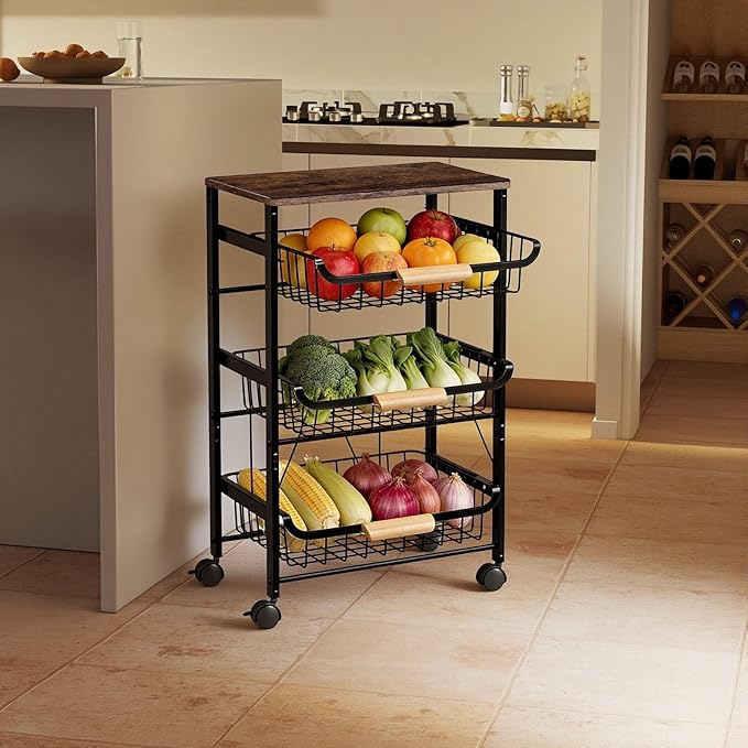 4-Tier Fruit Basket for Kitchen Counter Utility Organizer Carts on Wheels&Wood Top with Storage, Rolling Kitchen Cart for Pantry, Living Room (Black)