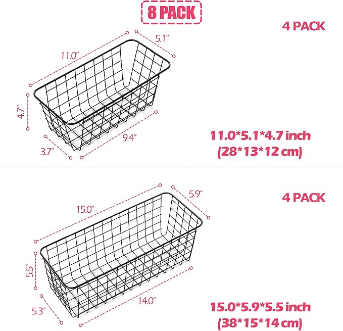 8 Pack Wire Storage Baskets Household Metal Wall-Mounted Containers Organizer Bins for Kitchen Bathroom Freezer Pantry Closet Laundry Room Cabinets Garage Shelf, 4 Large 4 Medium