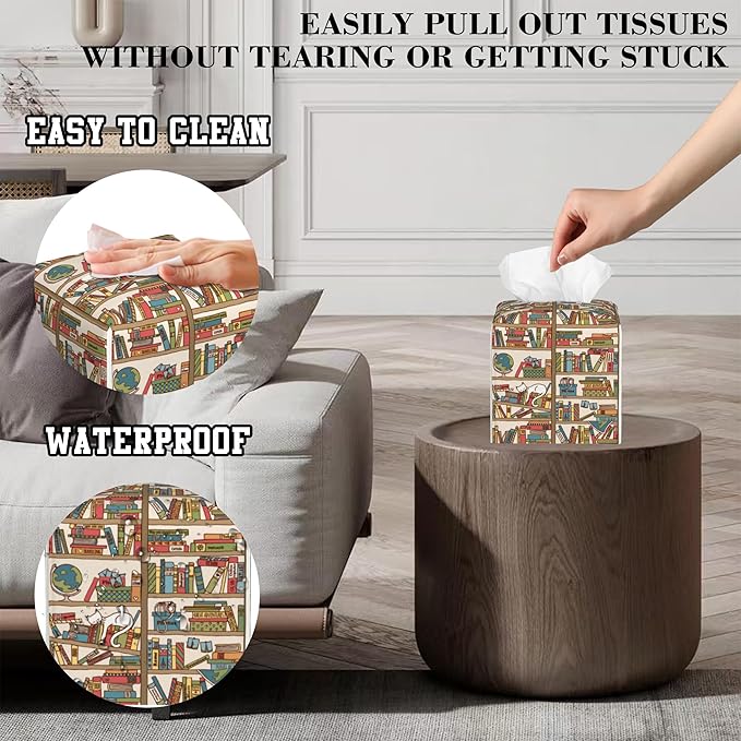 Tissue Box Cover Cat on Bookshelf Leather Tissue Box Holder Cube Paper Case Cover Facial Paper Organizer Dispenser for Bathroom, Vanity Countertop, Office Desk