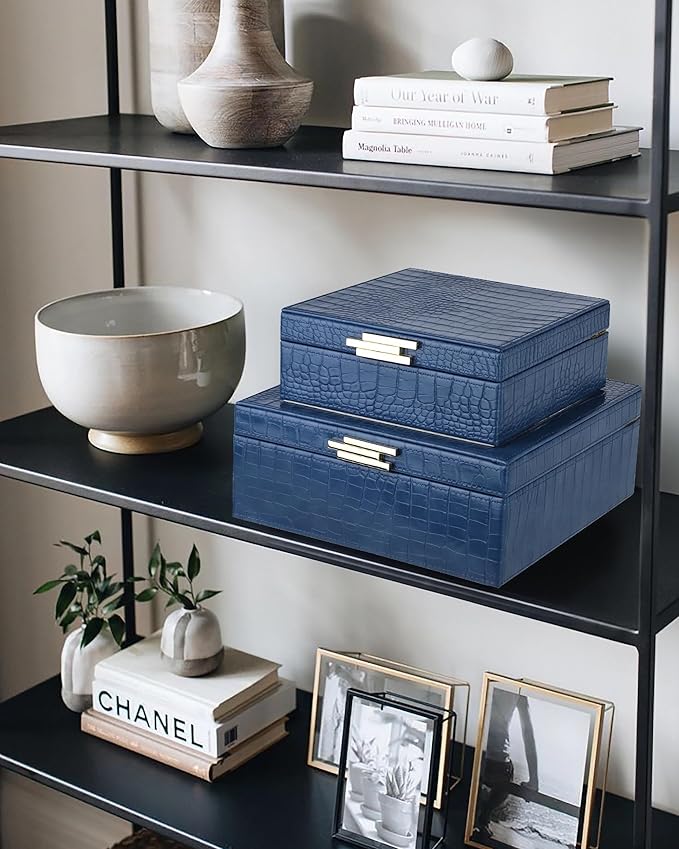 HofferRuffer Square Decorative Boxes, Set of 2 Nesting Storage Memory Keepsake Boxes with Lids, Stylish PU Leather Trinket Jewelry Organizer Box for Home Decor and Storage (Blue Croco)