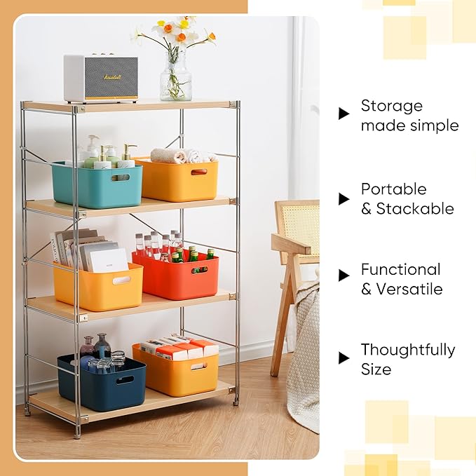 Plastic Storage Bins with Lid, Stackable Storage Containers for Organizing, Decorative Storage Baskets for Shelves Living Room Playroom Classroom Office (Medium (4 PCS))