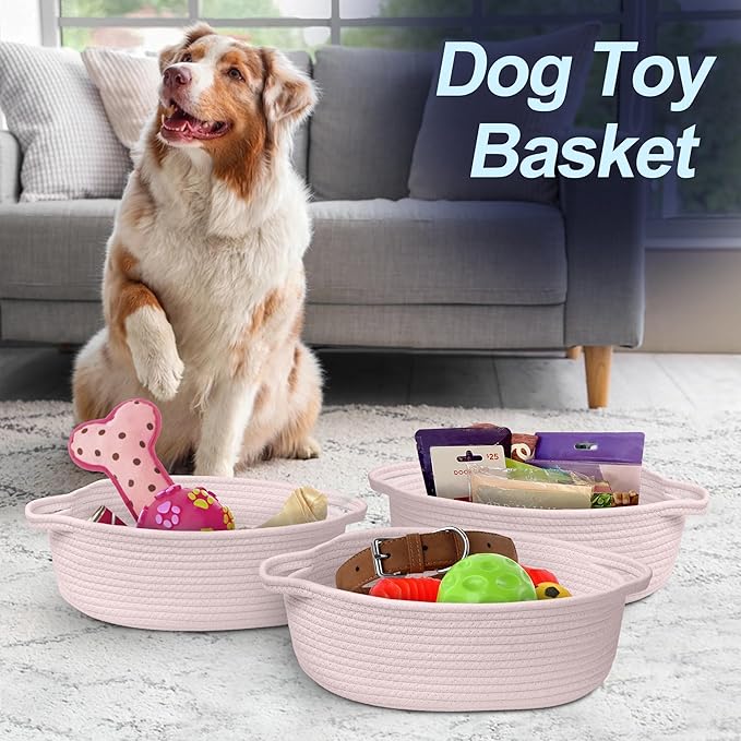 Pink Small Woven Basket, 13â x 9â x 5â Baskets for Gifts Empty, Cotton Rope Gift Basket, Cute Nursery Baby Organizer, Cat Dog Toy Bin Box, Wicker Storage Bin with Handle