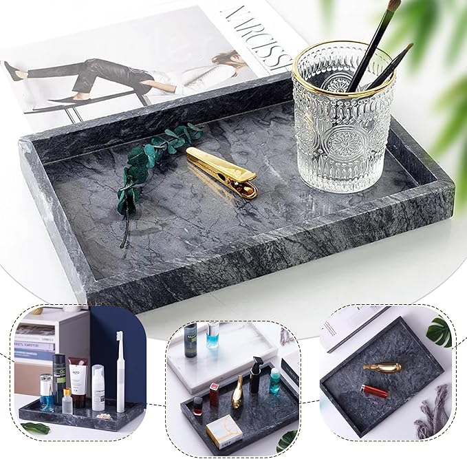 Natural Marble Tray, Stone Tray for Bedroom/Bathroom/Kitchen/Vanity Countertop, Jewelry Tray for Rings Earrings Necklace Bracelet Watch, Room Decor Aesthetic
