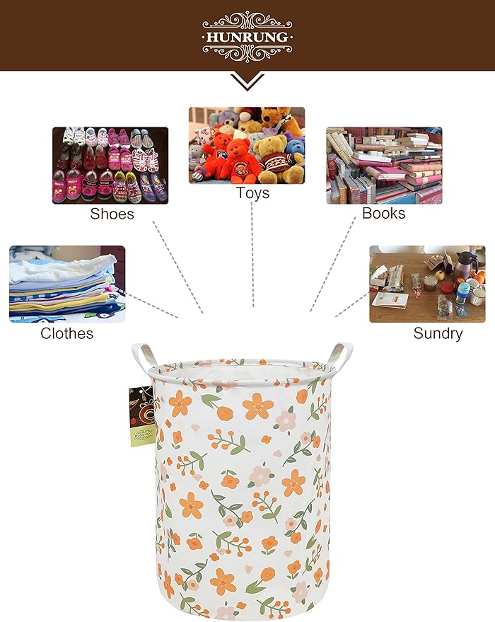 HUNRUNG Laundry Hamper,Large Canvas Fabric Lightweight Storage Basket Toy Organizer Dirty Clothes Collapsible Waterproof for College Dormsï¼Round-Orange Flowerï¼