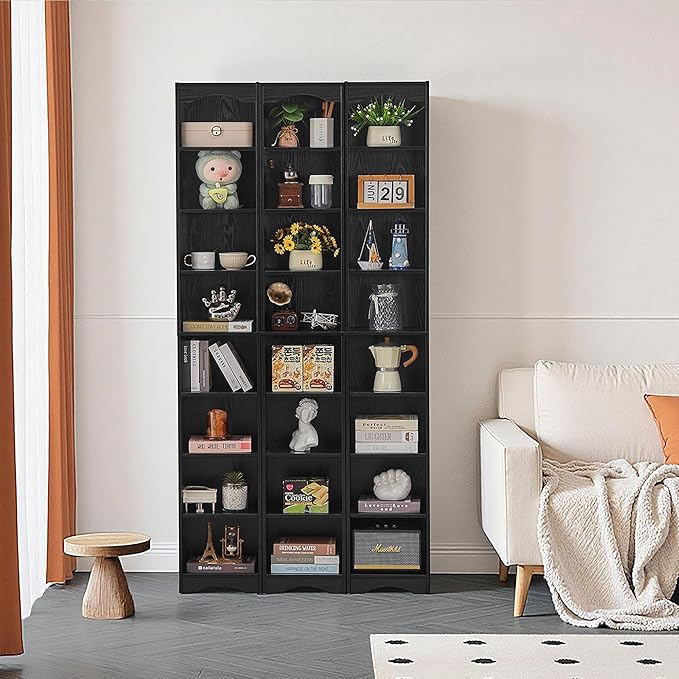 VECELO 6 Adjustable Shelf Narrow Storage Shelf - Elevated Dust-Resistant Base, Customizable Compartment Heights, Black Display Shelf for Small Spaces
