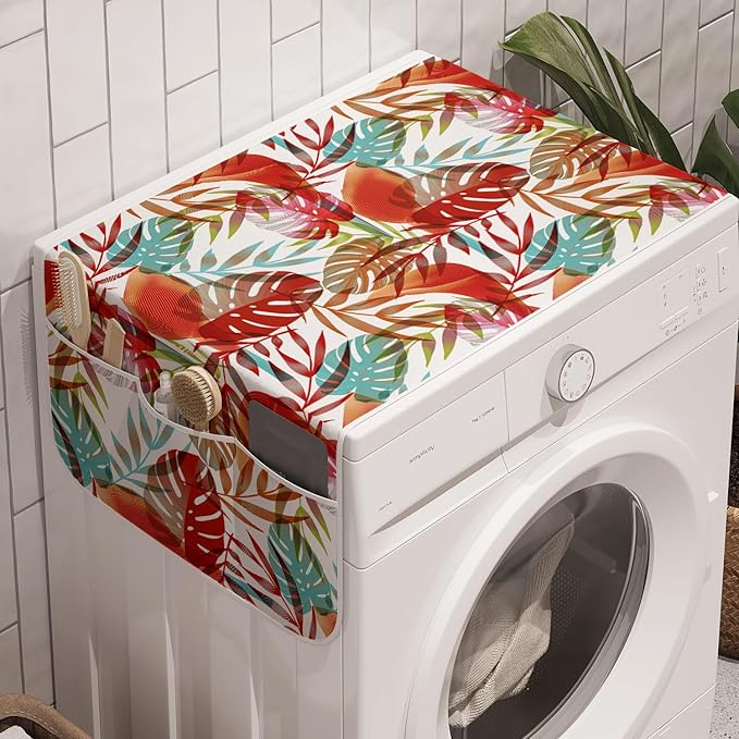 Ambesonne Botanical Washing Machine Organizer Pack of 2, Tropical and Colorful Jungle Monstera Leaves Along Paradise Flowers Pattern, Anti-Slip Cover for Washers Dryers, 47" x 18.5", Red Teal