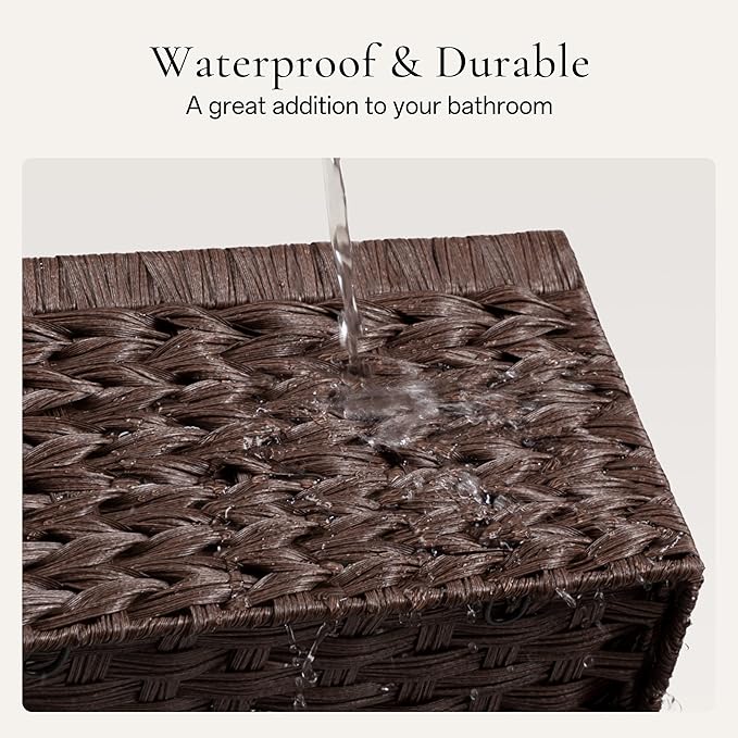 UBBCARE Storage Baskets with Label, Wicker Pantry Baskets for Shelves, Waterproof Woven Basket for Organizing, 2-Pack Plastic Rectangle Organizers with Handles, Dark Brown (10L×8H×4W)