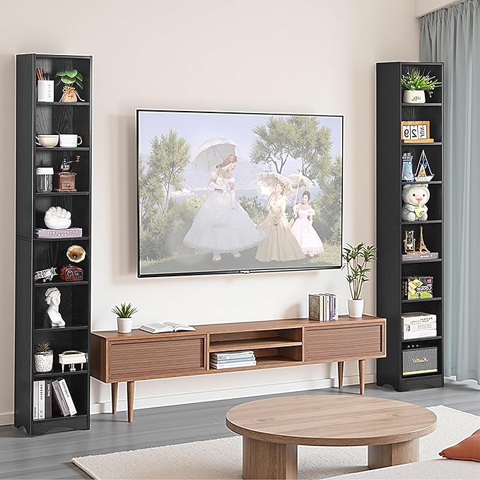 VECELO Narrow Tall 71 inch Adjustable Bookshelf - Customizable Shelf Heights, Elevated Dust/Moisture-Proof Base, Rustic Wood Display Shelf for Living Room Bedroom Small Spaces-Black