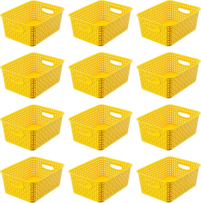 Yellow Plastic Organizer Baskets, 12-Pack Stackable Pantry Storage Baskets, Small Baskets for Shelves, Bathrooms, Kitchens, Laundry Room, Classrooms, Cabinets and Bedrooms