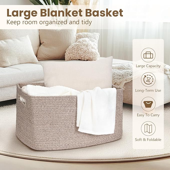 75L Large Blanket Basket, Woven Storage Baskets with Reinforced Handles, Rope Laundry Basket for Living Room, Bedroom, Nursery, Toys, Clothes,Pillows, 22â x 17â x 11.5â, Brown