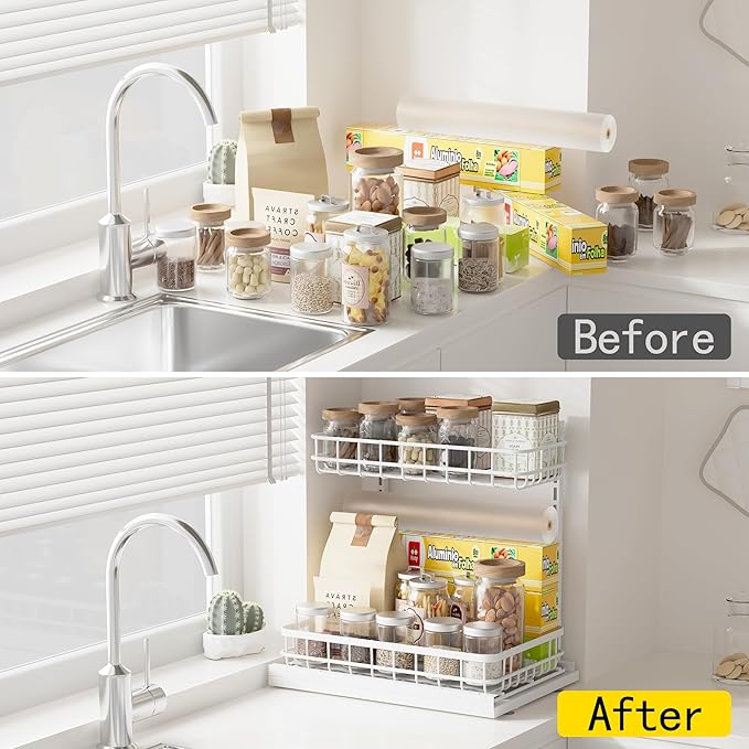 Under Sink Organizer, Adjustable Height Pull-Out Kitchen Storage Organization,15.8" x 11.8" x 16.5", 2-Tier Kitchen Shelf, Bathroom Drawer Organizer, 2 Pack|White