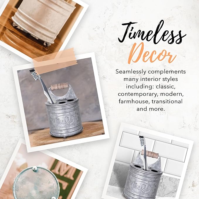 Autumn Alley Farmhouse Toothbrush Holders for Bathrooms - Rustic Galvanized Tooth Brush Holder - Farmhouse Bathroom Accessories Country Decor, Toothpaste & Electric Kids Toothbrush Compartment, Grey