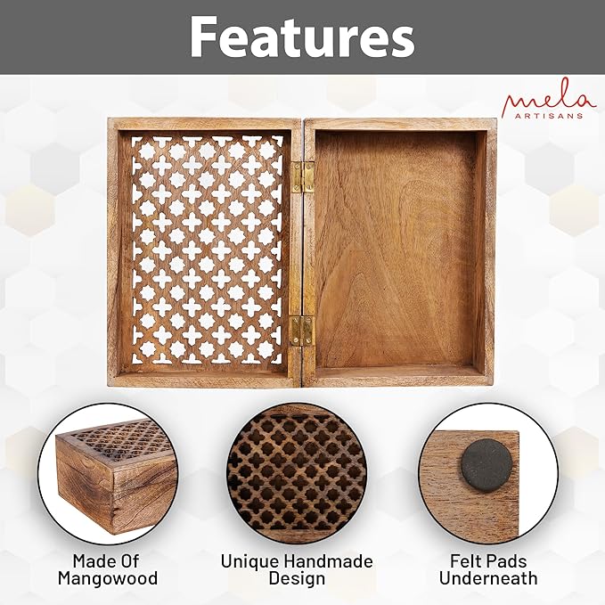 Mela Artisans Extra Large Wooden Keepsake Box | Medium Burnt & Handcrafted Decorative Storage Chest for Jewelry, Photos & Trinkets | Vintage Style Storage Box| Trellis Design | 10.5x7.5x4
