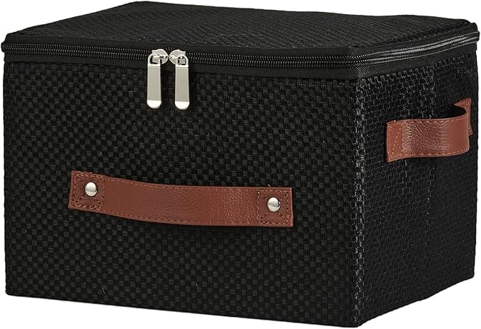 Storage Bins with Lid Fabric Storage Box Basket PU Leather Handle Textured Woven Cotton Linen Decorative Foldable Washable Shelf Closet Organizer Container (Zipper Lid, Black, Small)