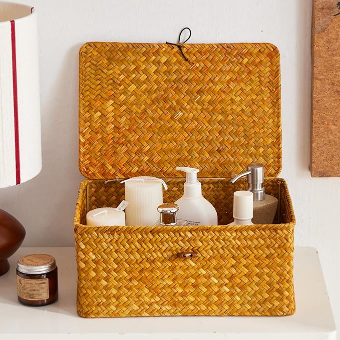 Wicker Storage Box with Lid, Handwoven Baskets for Storage, Rectangle Decorative Baskets Bins Container for Shelf Organizing Home, Set of 3, Natural