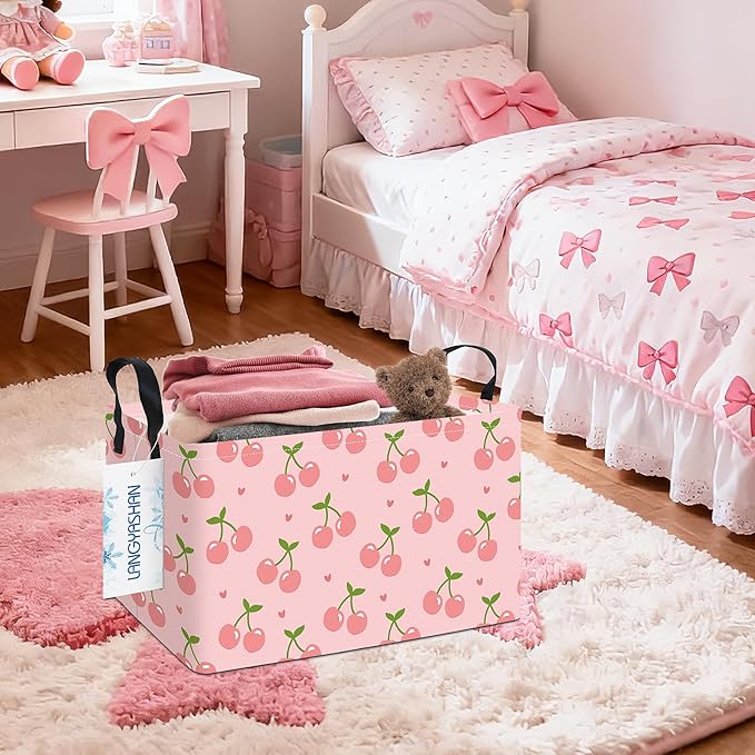 LANGYASHAN Rectangular Storage Bin Collapse Canvas Fabric Cartoon Storage Basket with Handles for Organizing Home Kitchen Boys and Girls Toys Office Closet Shelf Baskets (Rec Pink Cherry)