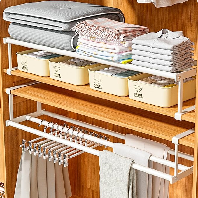 Expandable Hanging Shoe Rack Organizer for Closet, Adjustable Shoe Rack Under Cabinet Shelf, Versatile Under Shelf Storage for Kitchen, Book, Clothing Storage and Organization(White,4PCS)