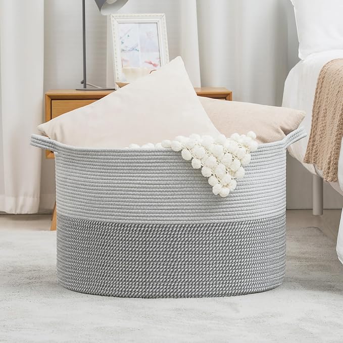 XXXLarge Woven Cotton Rope Basket (21.7" x 13.8") 90L – Blanket Basket for Living Room, Laundry Hamper, Baby Laundry Hamper, Toy Storage, Pillows & Cushions Organizer (Mixed Grey)