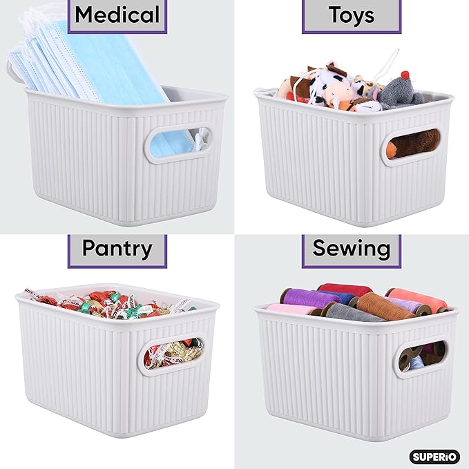 Superio Ribbed Collection - Decorative Plastic Basket Open Home Storage Bins Organizer, Small White Smoke (4 Pack) Container Boxes for Organizing Closet Storage Bins for Shelves 1.5 Liter