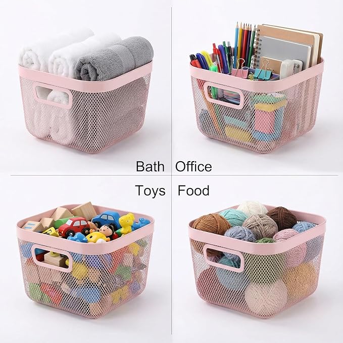 4 Pack Metal Mesh Basket with Hollow Handles Pink Wire Storage Bin for Organizing Stackable Metal Fine Mesh Basket for Pantry Bathroom Kitchen Cabinets Shelves (Medium)