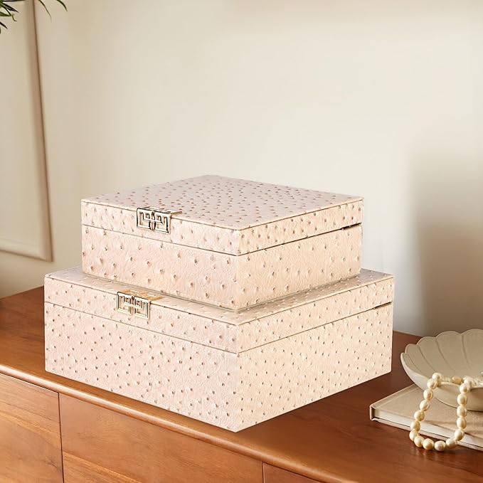 HofferRuffer Square Decorative Boxes, Set of 2 Nesting Storage Memory Keepsake Boxes with Lids, Stylish PU Leather Trinket Jewelry Organizer Box for Home Decor and Storage (CreamWhite Ostrich)