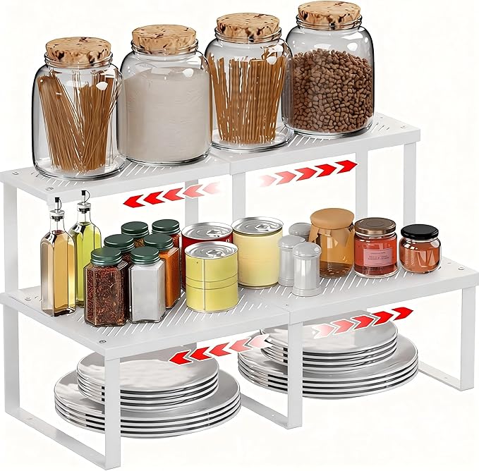 2 Pcs Stackable Kitchen Cabinet Shelf Organizer Counter Shelf Pantry Dishes Storage Shelves Rack