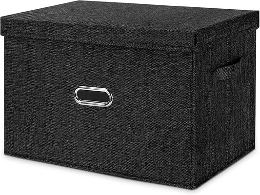 Large Linen Fabric Foldable Storage Bins with Removable Lid and Handles, Washable Storage Box Organizer Containers Baskets Cube with Cover for Bedroom,Office(Black, Small)