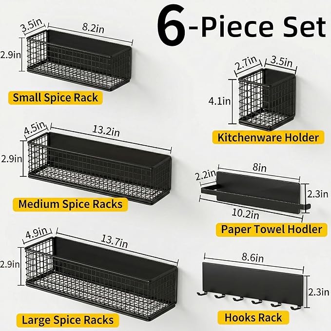 Magnetic Organizer For Refrigerator,With Spice Rack,Hooks Paper Towel Holder Utensils Racks, For Traeger Grills Of Washing Machine Side(Black) (Black, 6-Pack)
