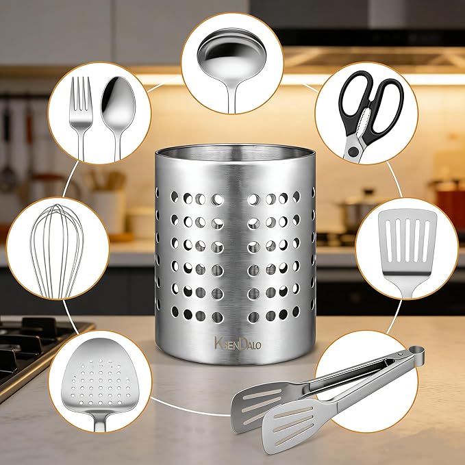KSENDALO Small Stainless Steel Utensil Holder, SUS304 Silverware Utensil Drying Rack, Utility Sturdy Home Kitchen Daily Use Utensil Drainer for Countertop, Silver (5.32inch Tall)
