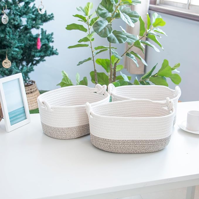 GYASVWU Cotton Rope Baskets for Storage, Woven Basket for Organizing, Decorative Storage Baskets with Handle, Shelf Baskets for Organizing, Toy Organizer/Towel Bin/Gift Basket Empty (Khaki - 3 Pack)