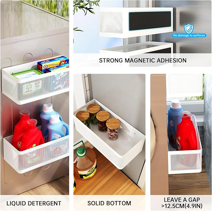 Magnetic Shelf for Washing Machine Laundry Room Magnetic Organizer Laundry Shelf Organizer Washing Machine Shelf Hanging Basket Storage Magnetic Fridge Shelves (White, L11in*W4.9in*H3.9in)