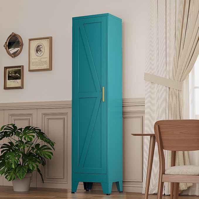 White Narrow Metal Storage Cabinet, Tall Freestanding Cabinet with 4 Adjustable Shelves & Barn Doors, Pantry Organizer for Bathroom Kitchen Home Office Dining Room（1PC,Blue