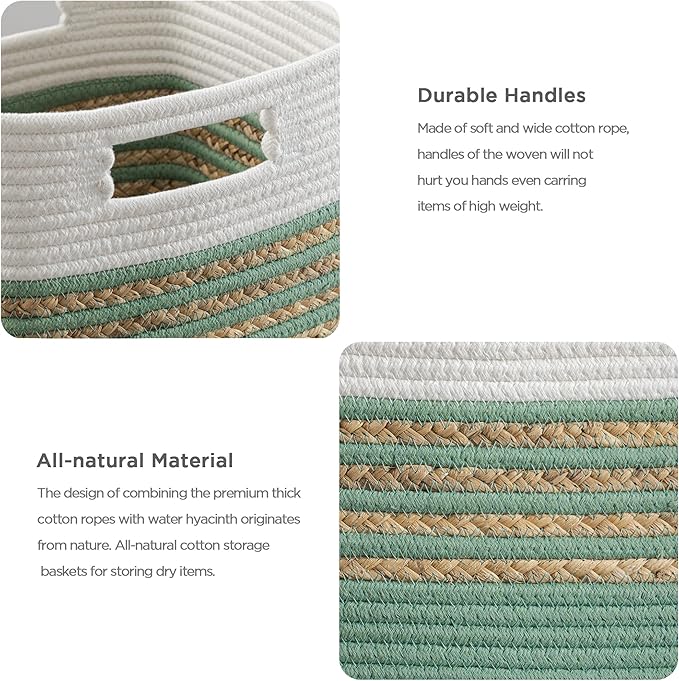 UBBCARE Set of 3 Storage Cubes 13 X 13 X 13 in, Water Hyacinth Storage Bins for Shelves, Toys, Book, Storage Baskets with Handles, Cotton Rope Woven Baskets for Organizing, Green
