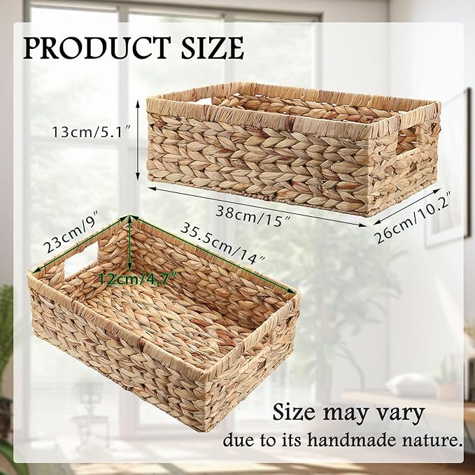 Woven Open Storage Bins Large Wicker Shelf Basket with Built-in Handles Natural Water Hyacinth Storage Baskets for Toiletries Books Fruits Organizing,15 x 10.2 x 5 inches