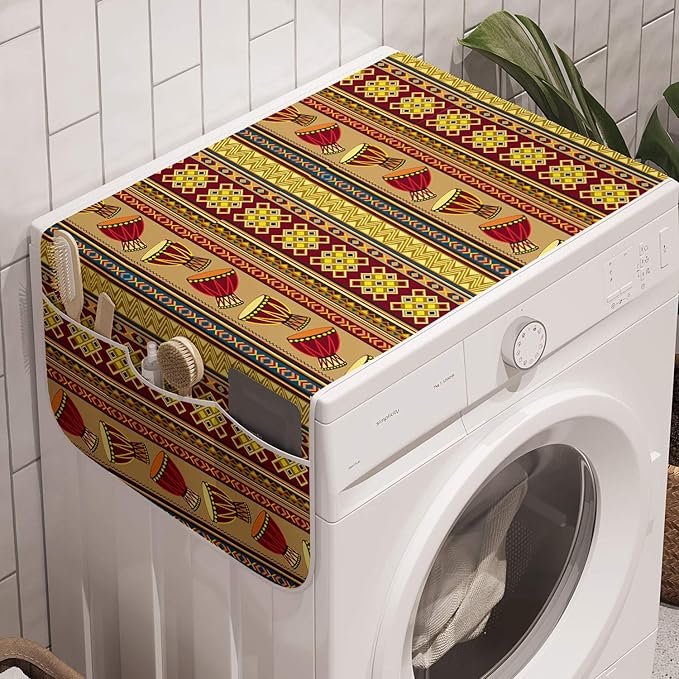 Ambesonne African Washing Machine Organizer Pack of 2, Oriental Djembe Drums Music Culture in Theme Geometric Chevrons Triangles, Anti-Slip Cover for Washers Dryers, 47" x 18.5", Yellow Ruby
