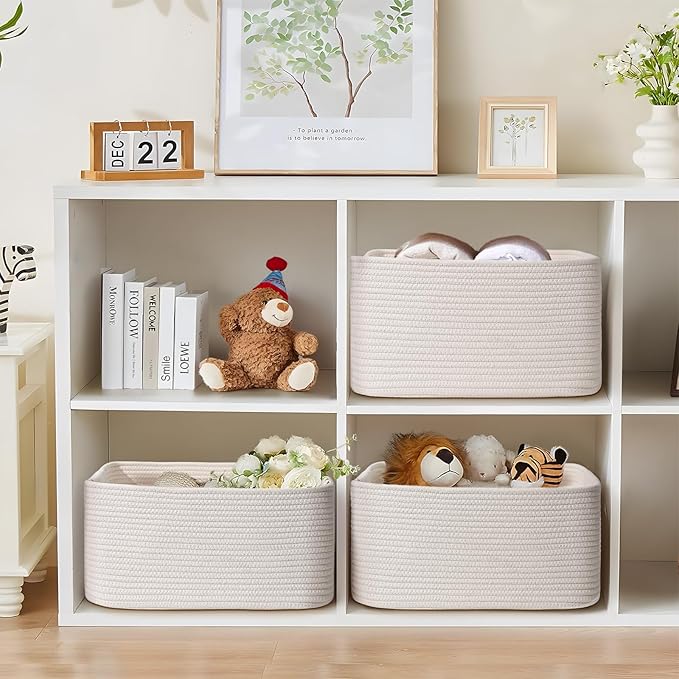 2 Pack Large Storage Basket for Organizing, 17"x12"x7.5" Woven Basket for Shelves, Closet Cube Storage Bins with Wrapped Handle, Cotton Rope Baskets for Kitchen, Clothes, Toys(Off White)