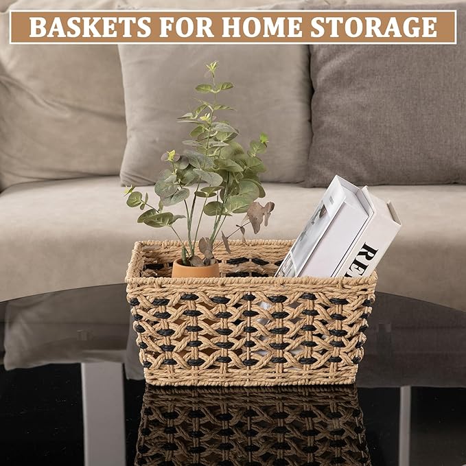 OIAHOMY Wicker Storage Baskets, Paper Rope Shelf Bins, Decortive Baskets for Organizing, Set of 3-Yellow & Black