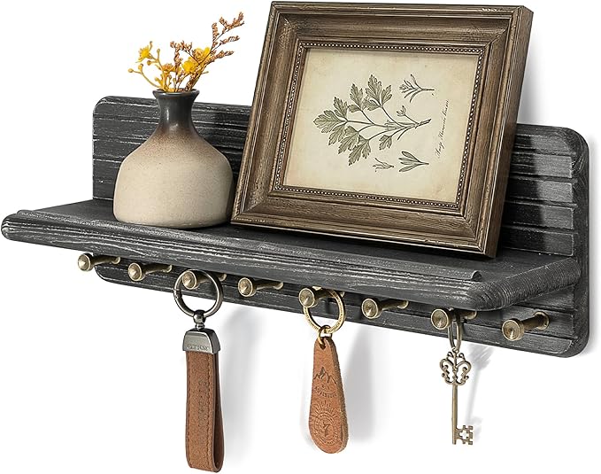 Rebee Vision Pine Wood Key Holder Wall Mount – Wooden Key Holder for Wall with Floating Shelf – Rustic Farmhouse Home Decor for Entryway, Living Room, Bedroom & Office (Old Black)