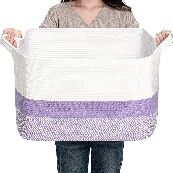 CLHMILY&Z Stylish Square Cotton Rope Storage Basket (Purple & White, 85L)