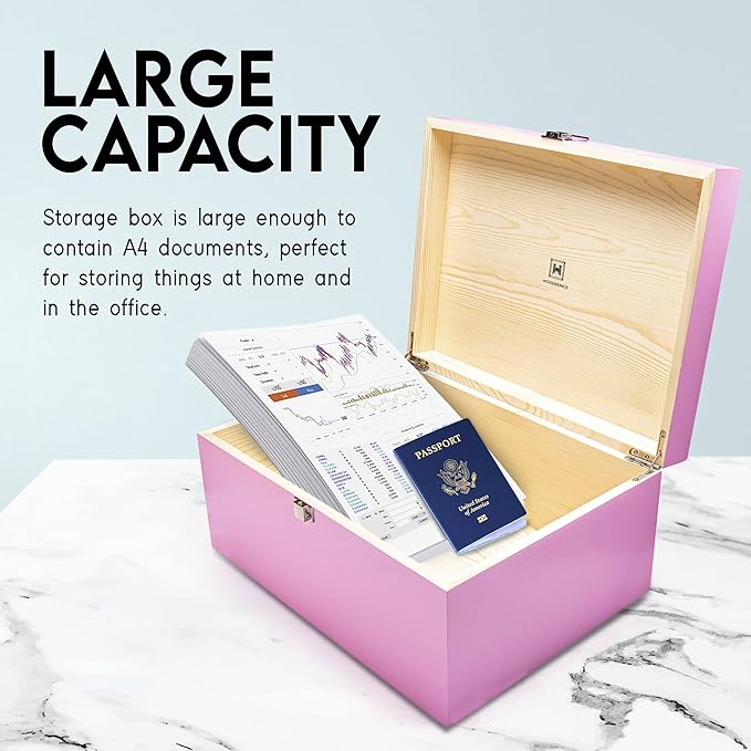 Large Memory Box For Keepsakes - Decorative Boxes With Hinged Lids, Pink Wooden Storage Box