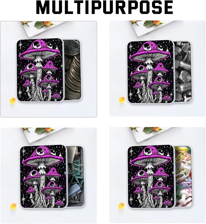 Metal Tin Box with Lid,Multi-functional Storage Large Box Can Store Tea Biscuits Game Cards, Playing & Tarot Cards-Comes with 4 Magnetic Cord Clips,Psychedelic Purple Mushrooms