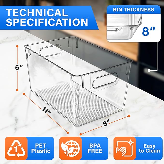 Lifemaster Stackable Refrigerator Bins - Set of 8 Large Capacity Organizers with Easy Grip Handles - Clear and Versatile for Kitchen Storage